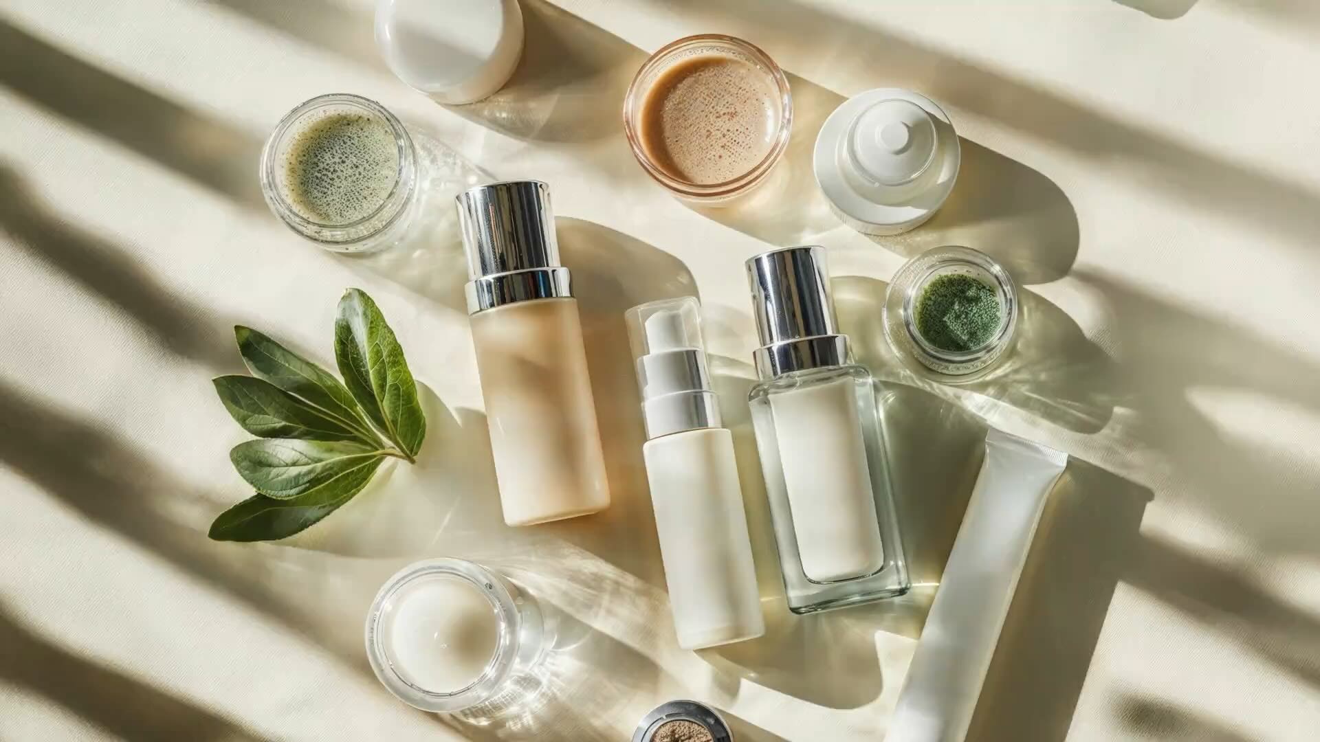 Beauty, Personal Care, and Wellness - a top-down view of cosmetic products arrayed on a sunlit table